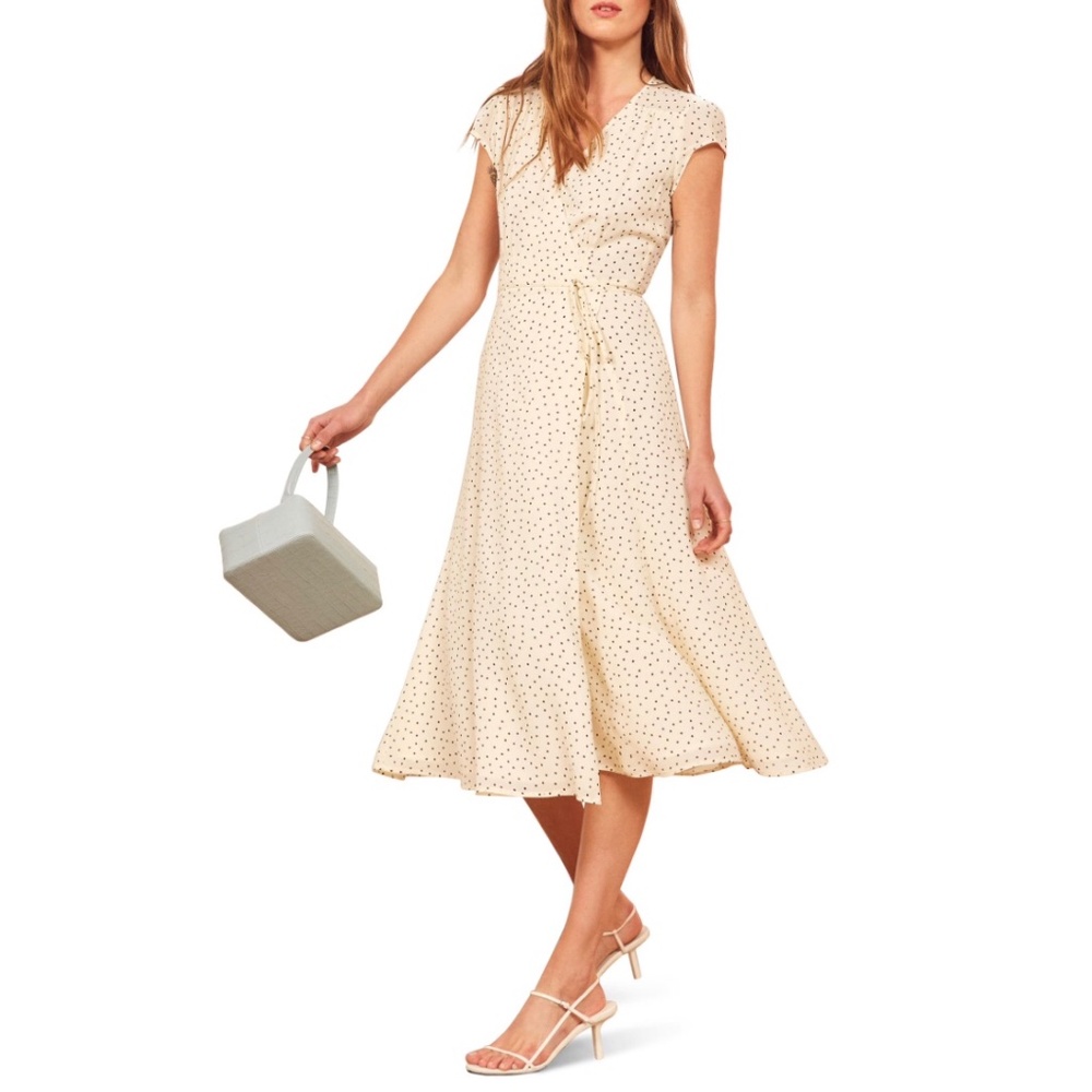 Reformation Carina Polka Dot Hi Slit Wrap Dress